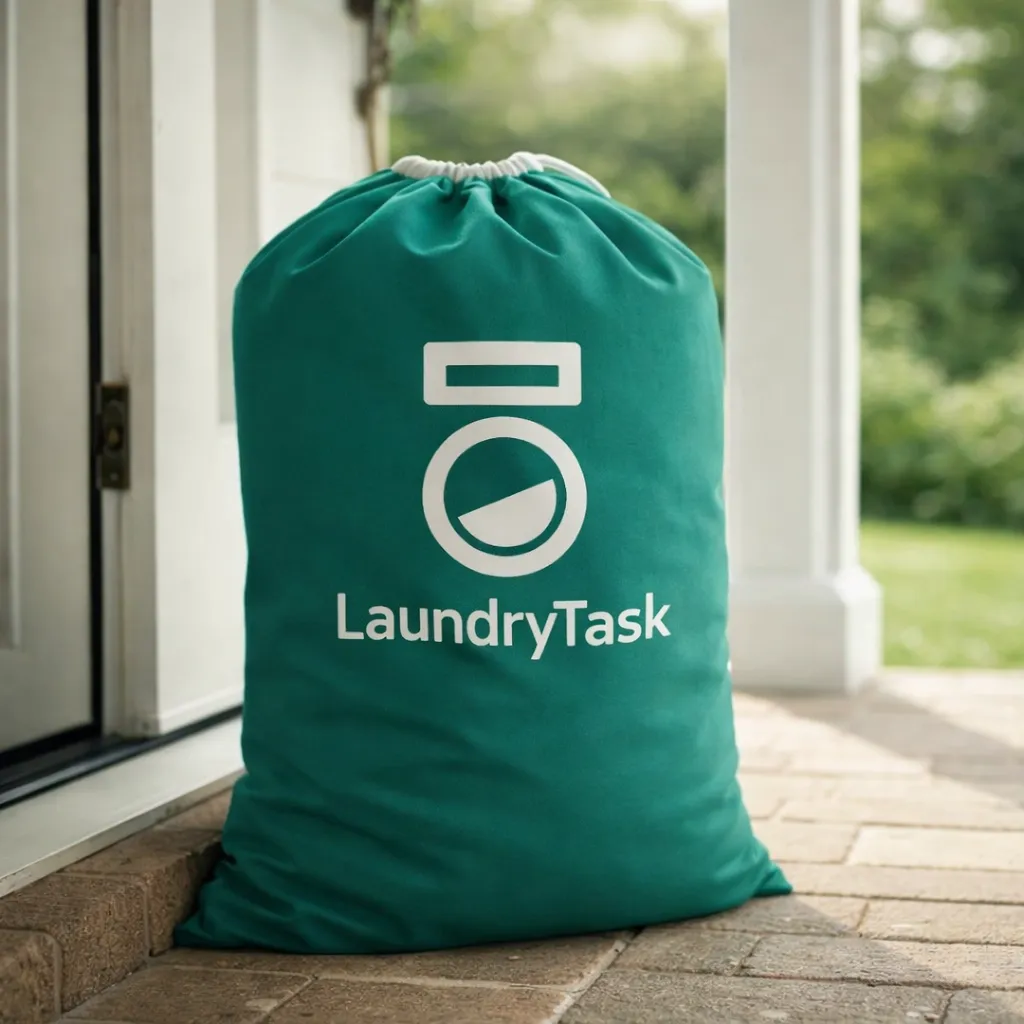 Laundry bag with LaundryTask logo placed at the doorstep in a East Lake home