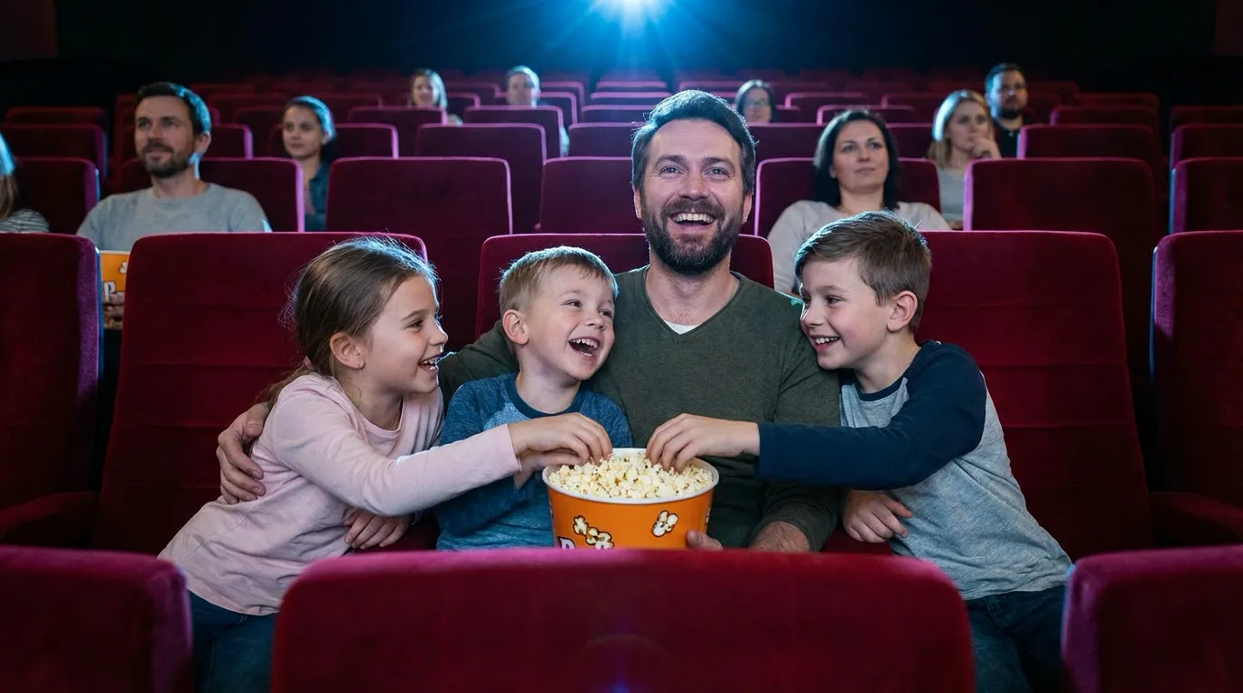 LaundryTask customer showing a happy smile while watching movie with his kids